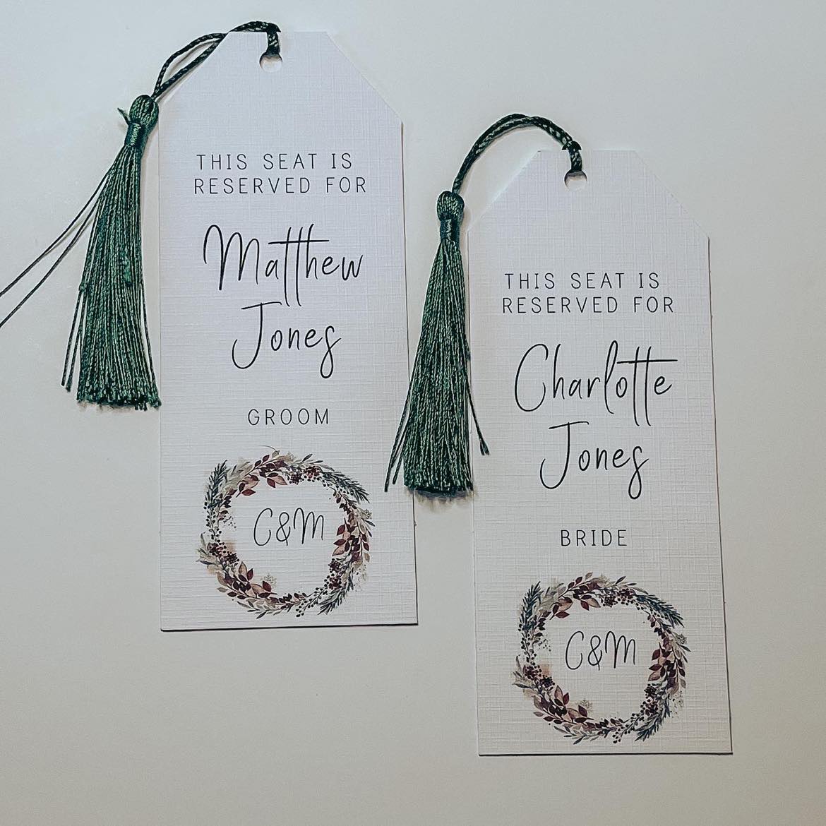 Winter Wreath Wedding Chair Tags